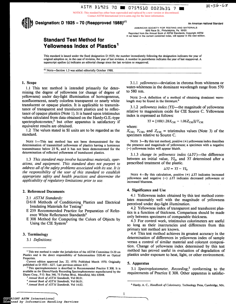 ASTM D1925-70(1988)e1 - Test Method for Yellowness Index of Plastics (Withdrawn 1995)