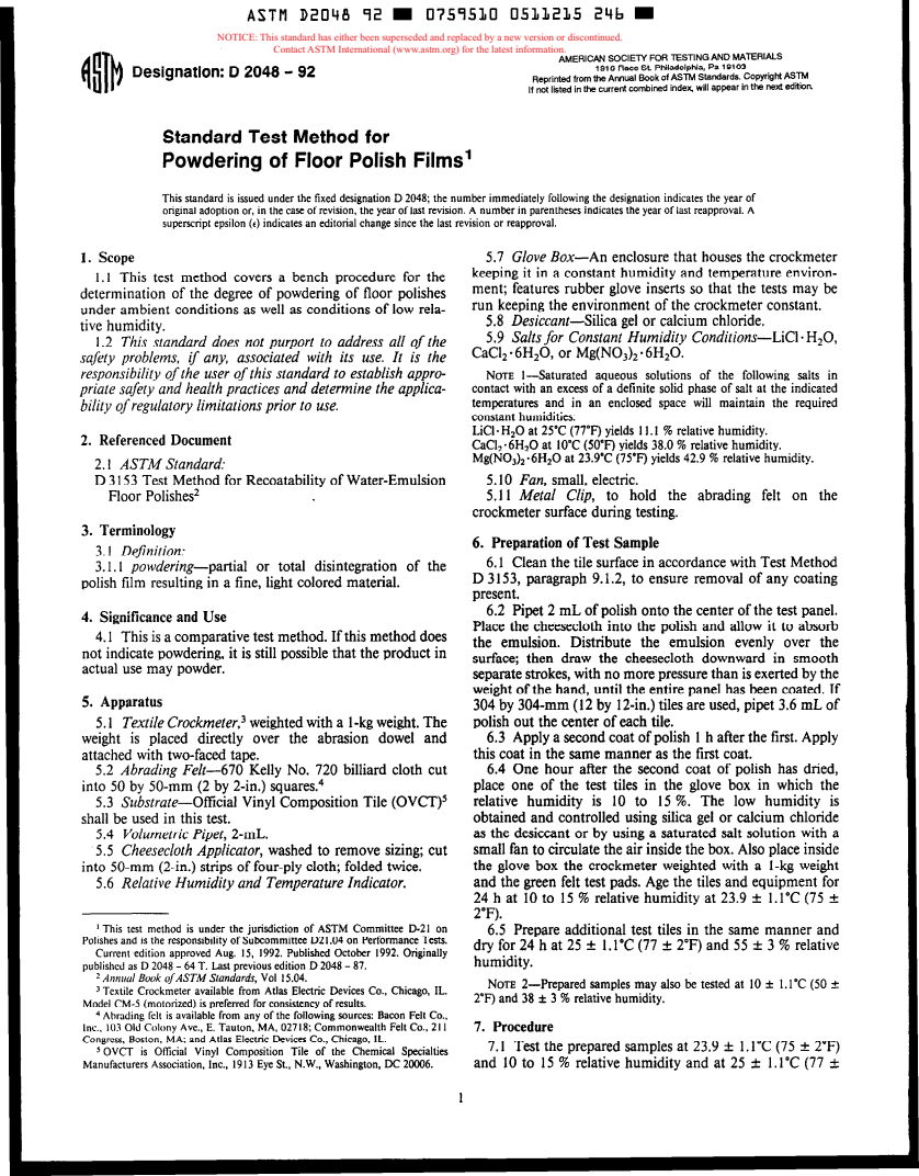 ASTM D2048-92 - Standard Test Method for Powdering of Floor Polish Films