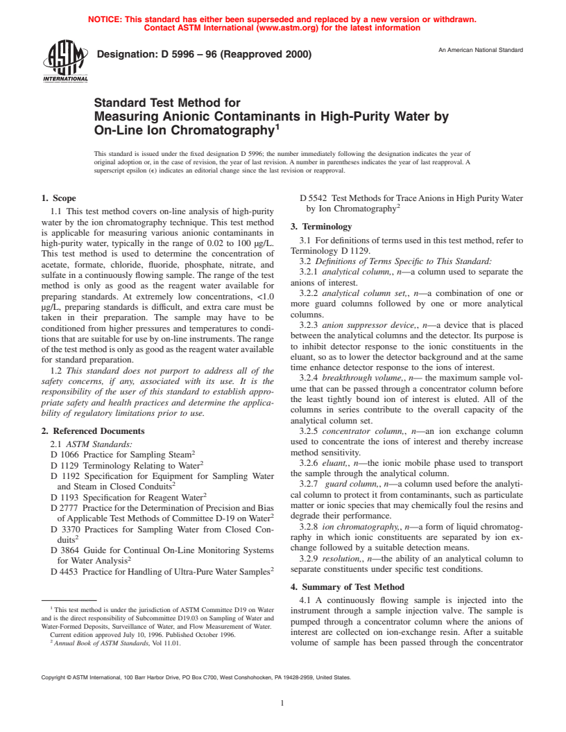 ASTM D5996-96(2000) - Standard Test Method for Measuring Anionic Contaminants in High-Purity Water by On-Line Ion Chromatography