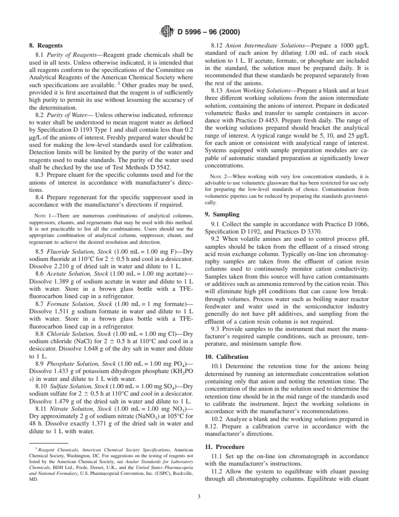 ASTM D5996-96(2000) - Standard Test Method for Measuring Anionic Contaminants in High-Purity Water by On-Line Ion Chromatography