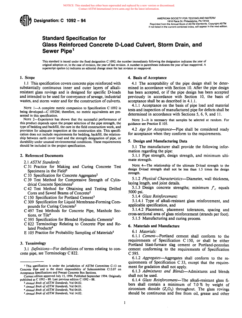 ASTM C1092-94 - Specification for Glass Reinforced Concrete D-Load Culvert, Storm Drain, and Sewer Pipe (Withdrawn 1995)