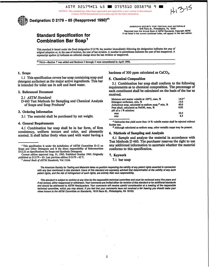 ASTM D2179-65(1990)e1 - Standard Specification for Combination Bar Soap