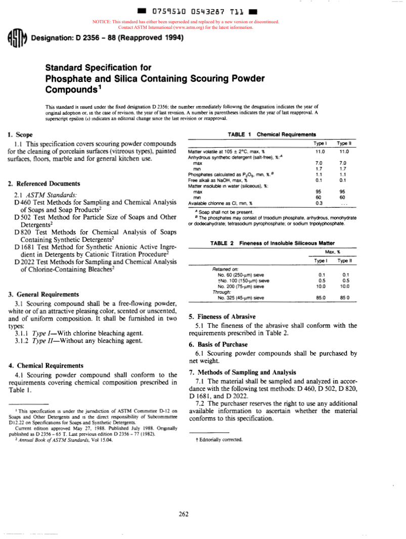 ASTM D2356-88(1994) - Standard Specification for Phosphate and Silica Containing Scouring Powder Compounds