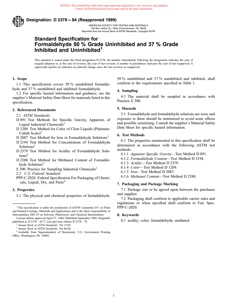 ASTM D2378-84(1999) - Standard Specification for Formaldehyde 50% Grade Uninhibited and 37% Grade Inhibited and Uninhibited