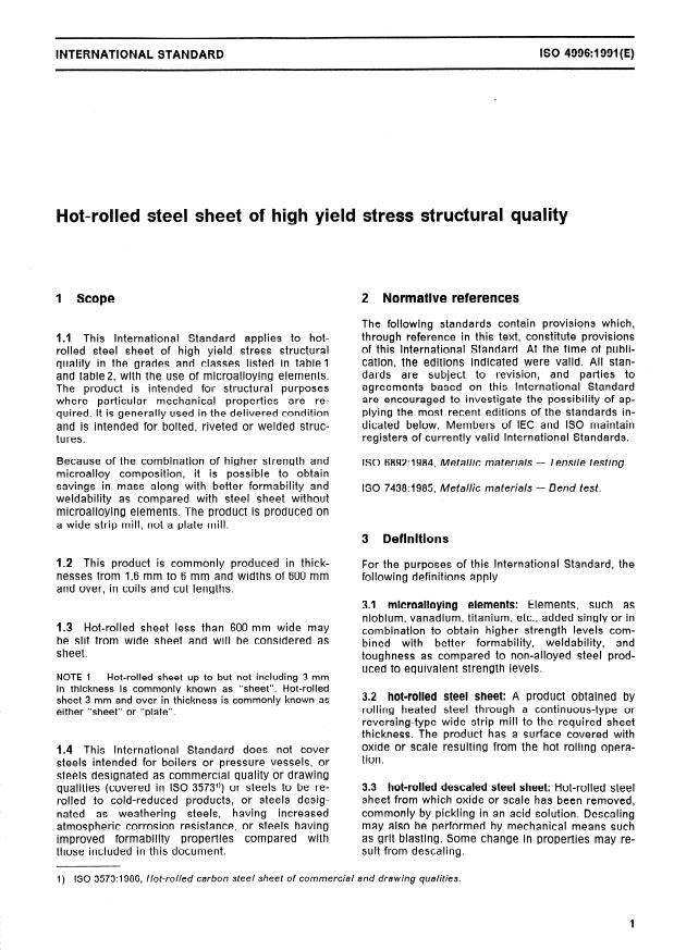 ISO 4996:1991 - Hot-rolled steel sheet of high yield stress structural quality