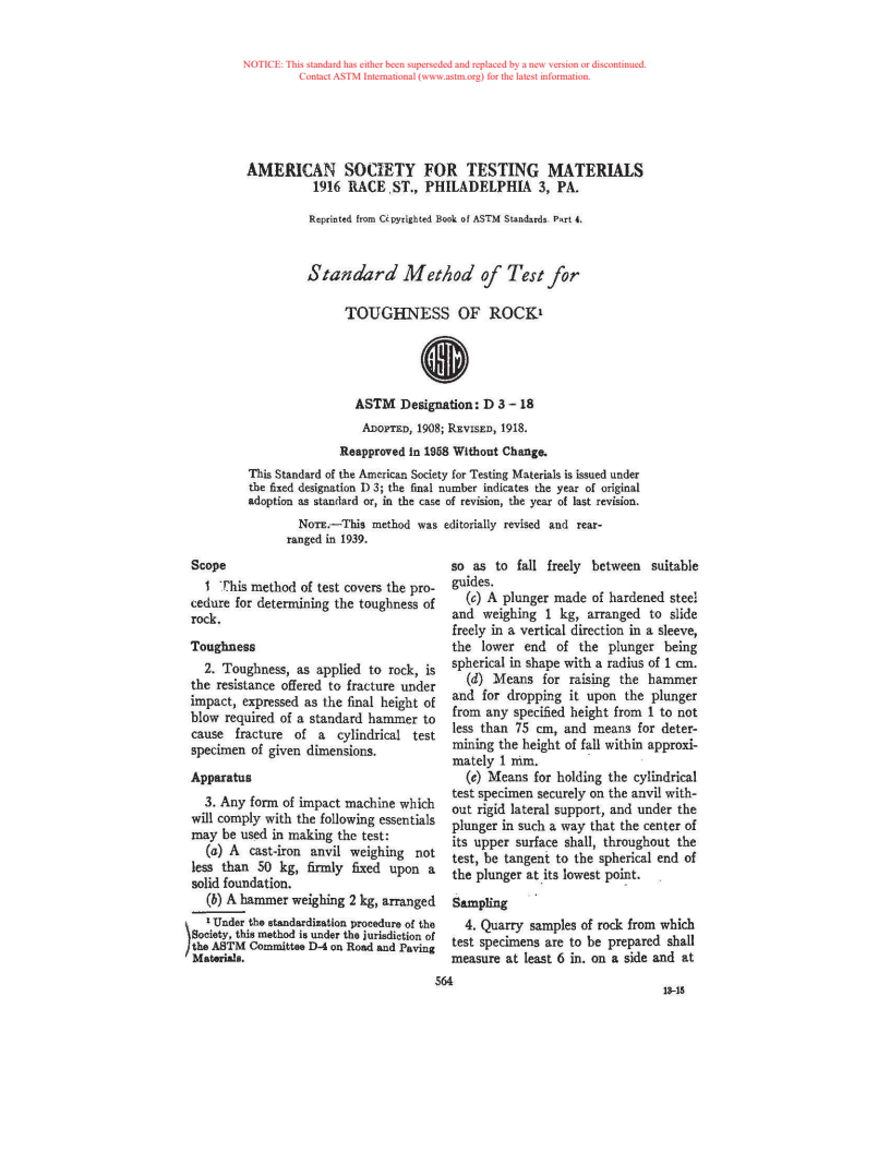 ASTM D3-18 - Method of Test for Toughness of Rock (Withdrawn 1964)