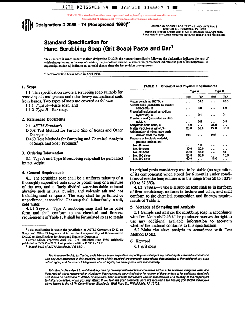 ASTM D2955-74(1990)e1 - Standard Specification for Hand Scrubbing Soap (Grit Soap) Paste and Bar