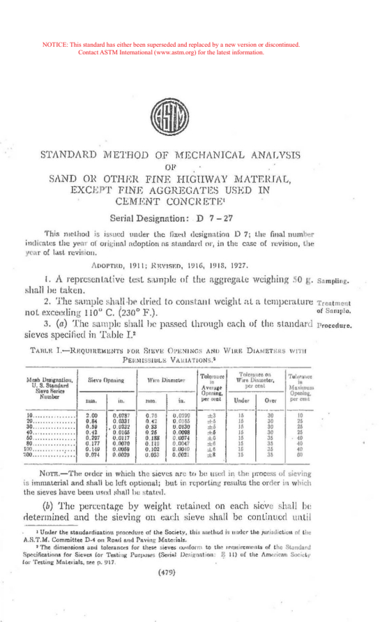 ASTM D7-27 - Test Method for Sieve Analysis of Fine and Aggregates (Withdrawn 1938)