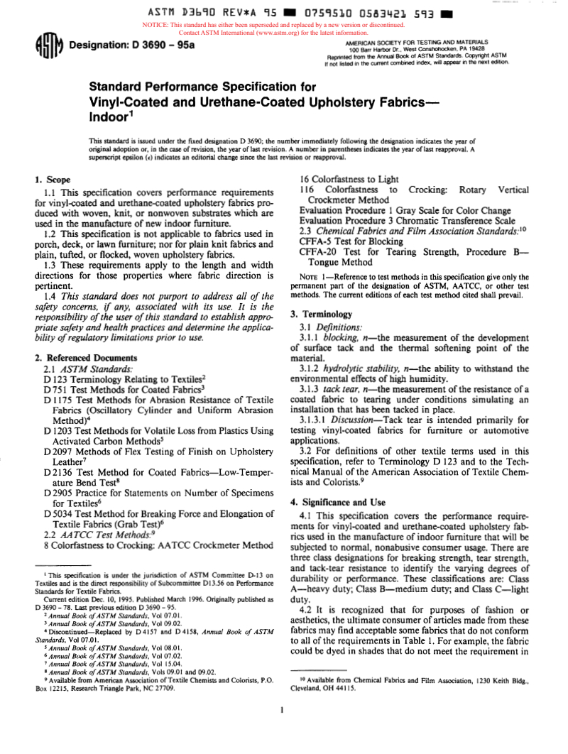 ASTM D3690-95a - Standard Performance Specification for Vinyl-Coated and Urethane-Coated Upholstery Fabrics-Indoor