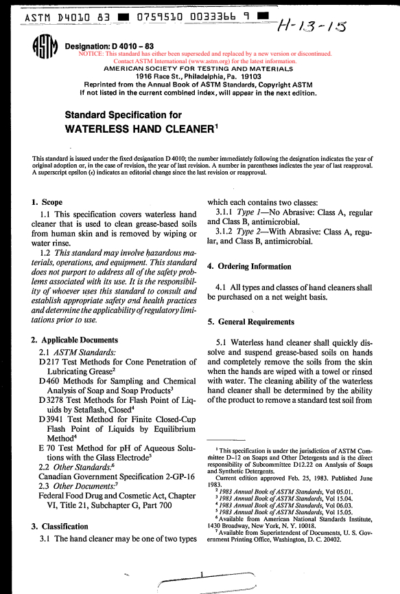 ASTM D4010-83 - Standard Specification for Waterless Hand Cleaner