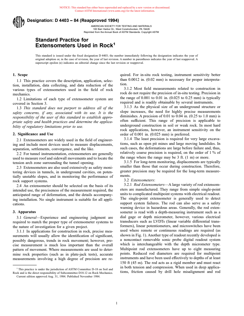 ASTM D4403-84(1994) - Standard Practice for Extensometers Used in Rock