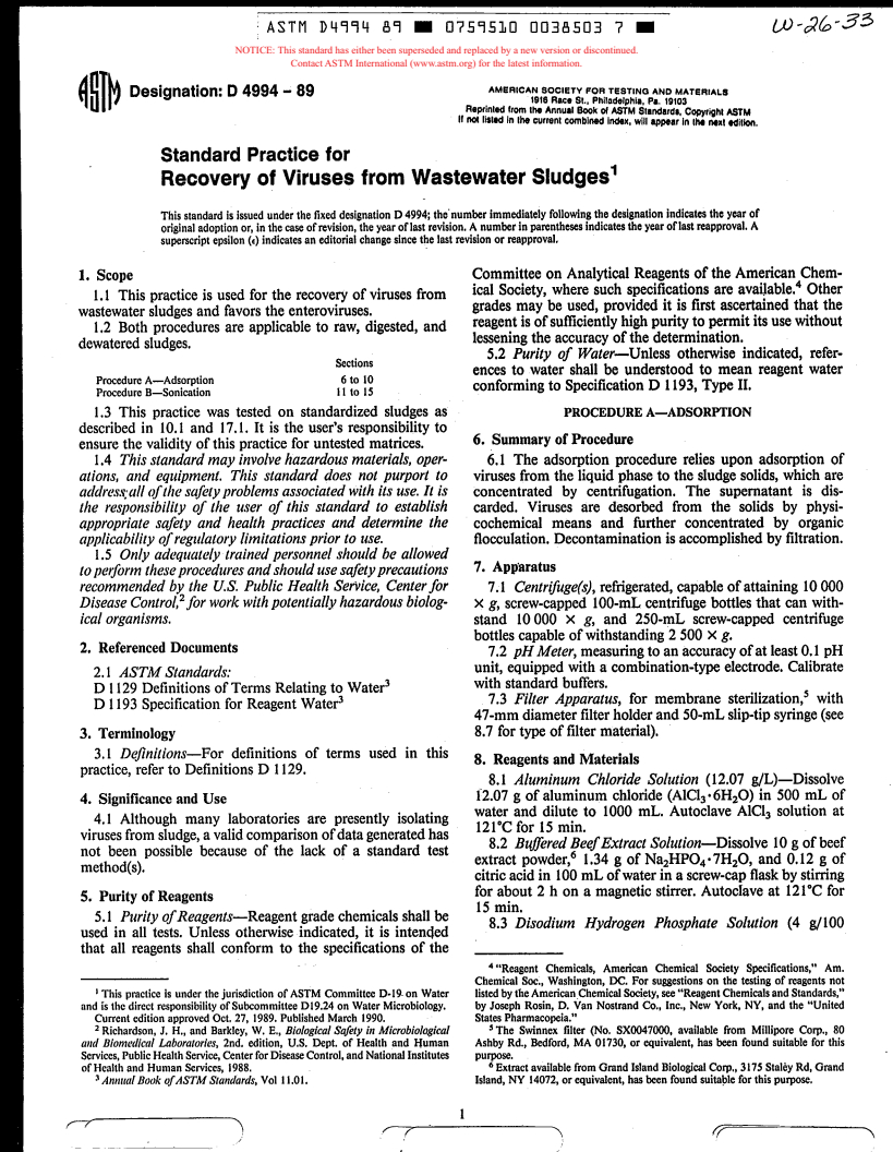 ASTM D4994-89 - Standard Practice for Recovery of Viruses from Wastewater Sludges