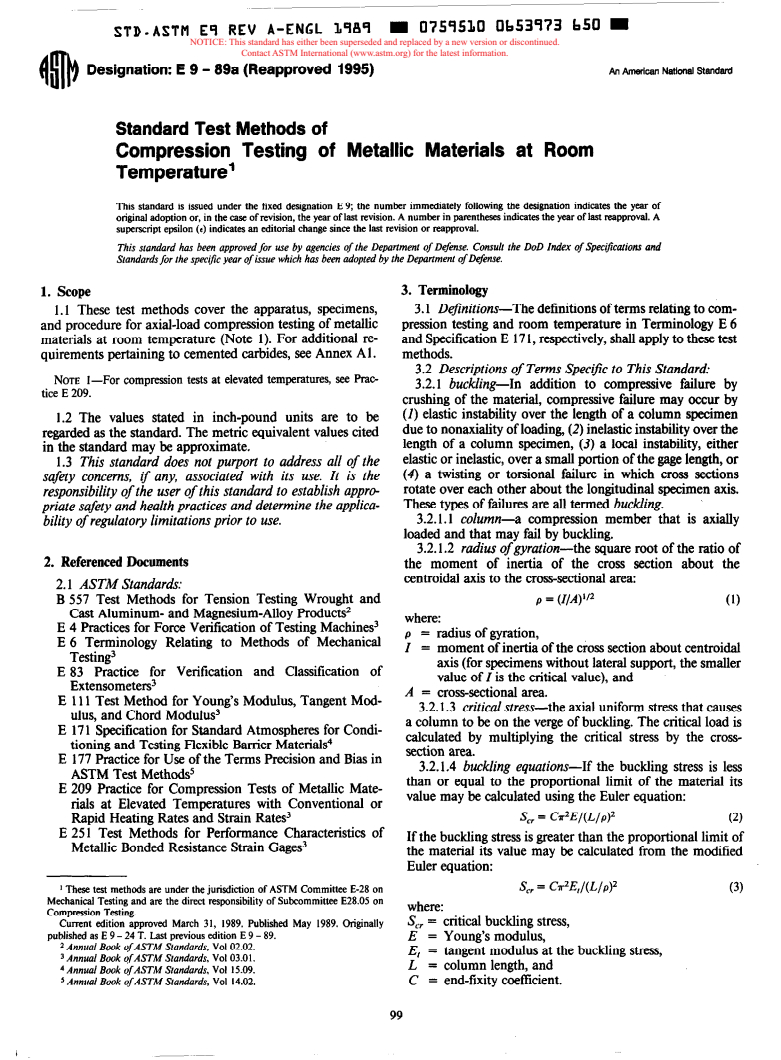 ASTM E9-89a(1995) - Standard Test Methods of Compression Testing of Metallic Materials at Room Temperature