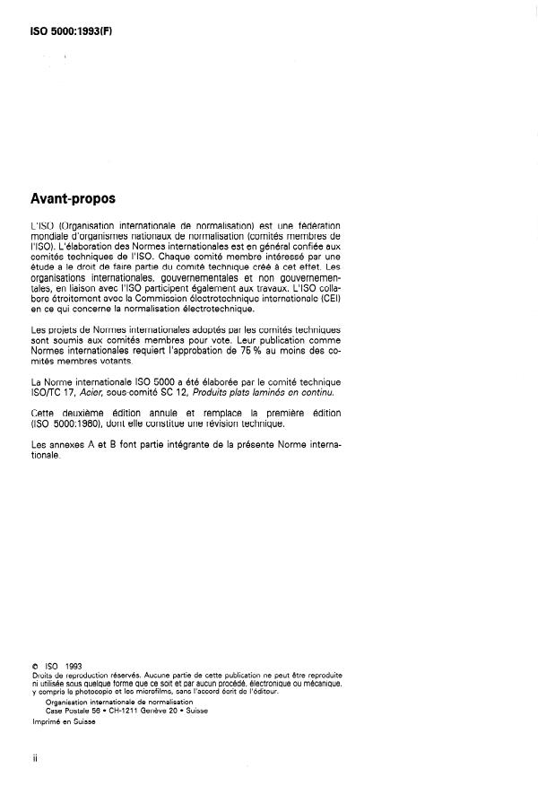 ISO 5000:1993 ISO 5000:1993 - Tôles en acier au carbone laminées a froid, revetues par immersion a chaud en continu d'une couche d'aluminium-silicium, de qualité commerciale et pour emboutissage - Page 2 preview