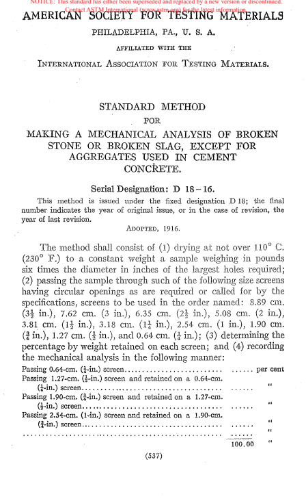 ASTM D18-16 - Test Method for Sieve Analysis of Fine and Coarse Aggregates (Withdrawn 1938)