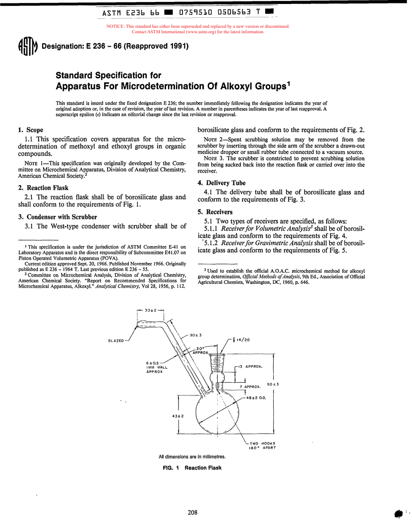 ASTM E236-66(1991) - Standard Specification for Apparatus For Microdetermination Of Alkoxyl Groups