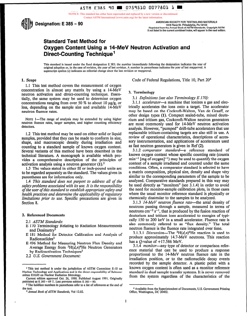 ASTM E385-90 - Standard Test Method for Oxygen Content Using a 14-MeV Neutron Activation and Direct-Counting Technique