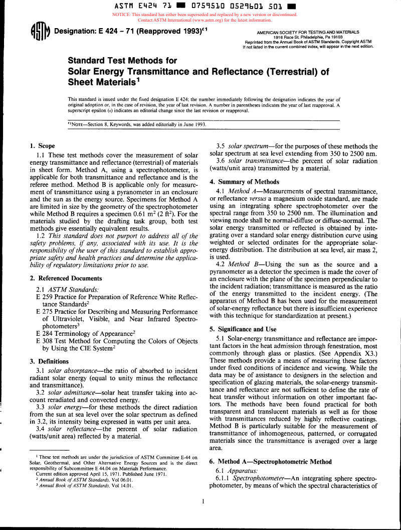 ASTM E424-71(1993)e1 - Standard Test Methods for Solar Energy Transmittance and Reflectance (Terrestrial) of Sheet Materials