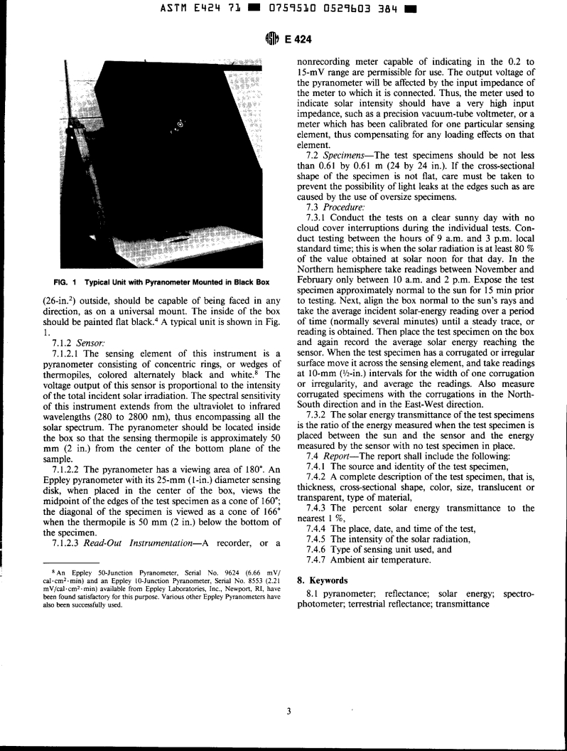 ASTM E424-71(1993)e1 - Standard Test Methods for Solar Energy Transmittance and Reflectance (Terrestrial) of Sheet Materials