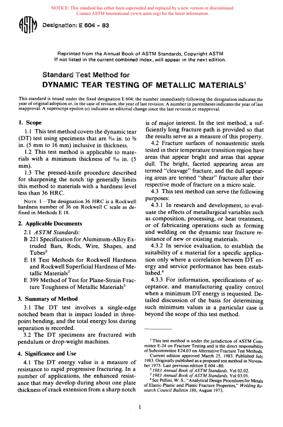 ASTM E604-83 - Standard Test Method for Dynamic Tear Testing of Metallic Materials