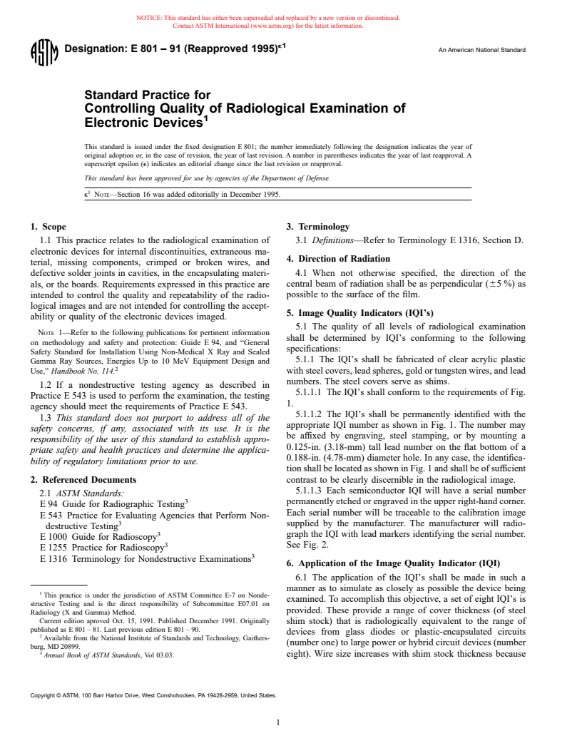 ASTM E801-91(1995)e1 - Standard Practice for Controlling Quality of Radiological Examination of Electronic Devices