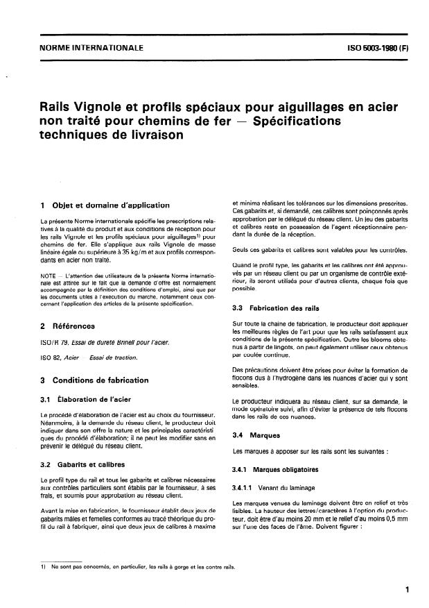 ISO 5003:1980 - Rails Vignole et profils spéciaux pour aiguillages en acier non traité pour chemins de fer -- Spécifications techniques de livraison