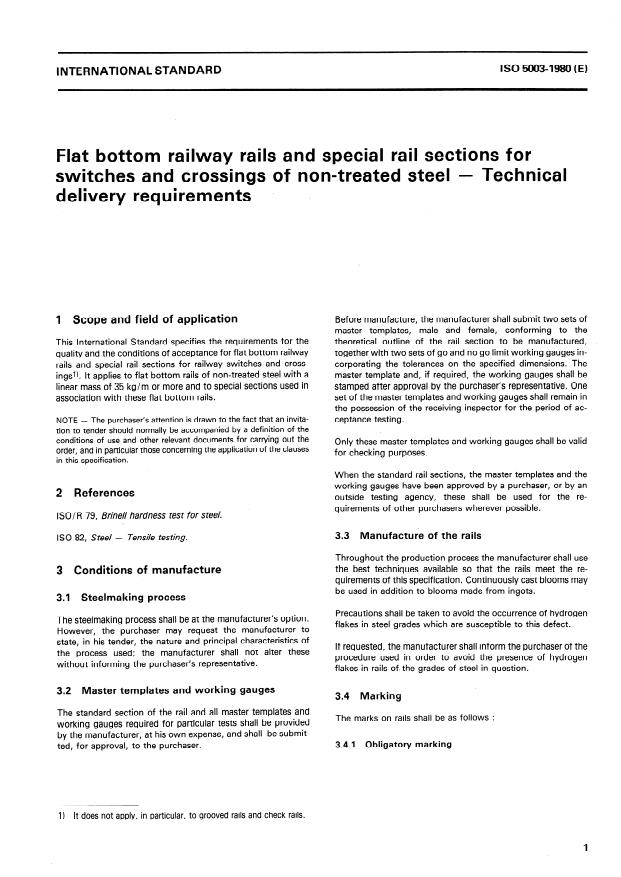 ISO 5003:1980 - Flat bottom railway rails and special rail sections for switches and crossings of non-treated steel -- Technical delivery requirements