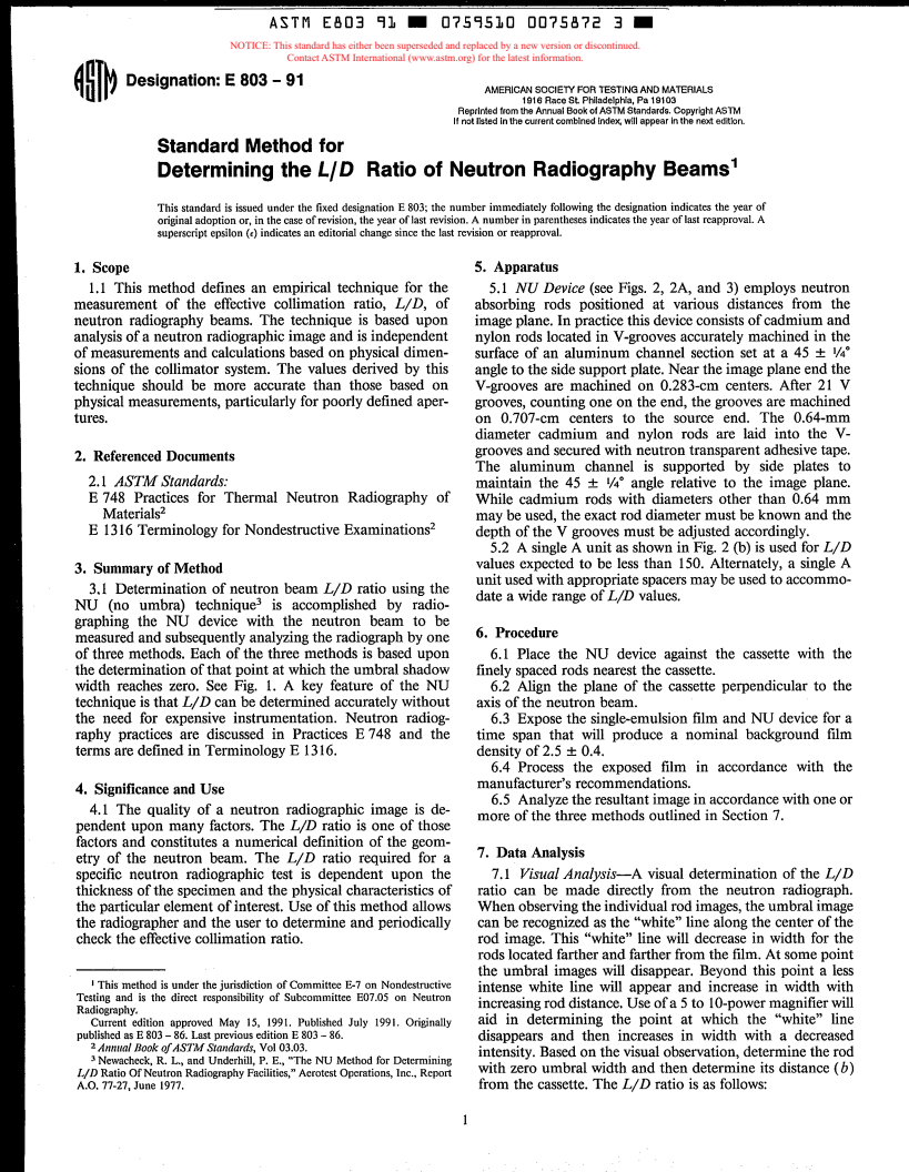 ASTM E803-91 - Standard Test Method for Determining the L/D Ratio of Neutron Radiography Beams