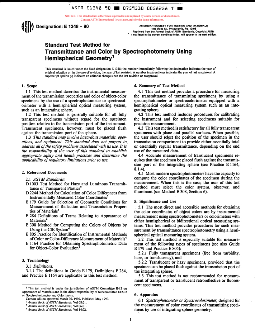 ASTM E1348-90 - Standard Test Method for Transmittance and Color by Spectrophotometry Using Hemispherical Geometry