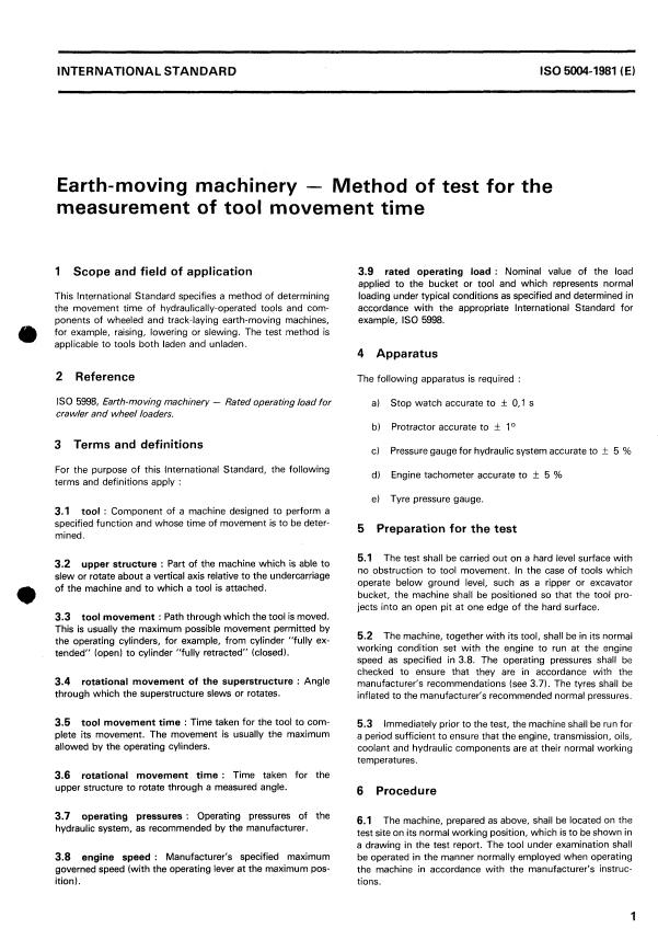 ISO 5004:1981 - Earth-moving machinery -- Method of test for the measurement of tool movement time