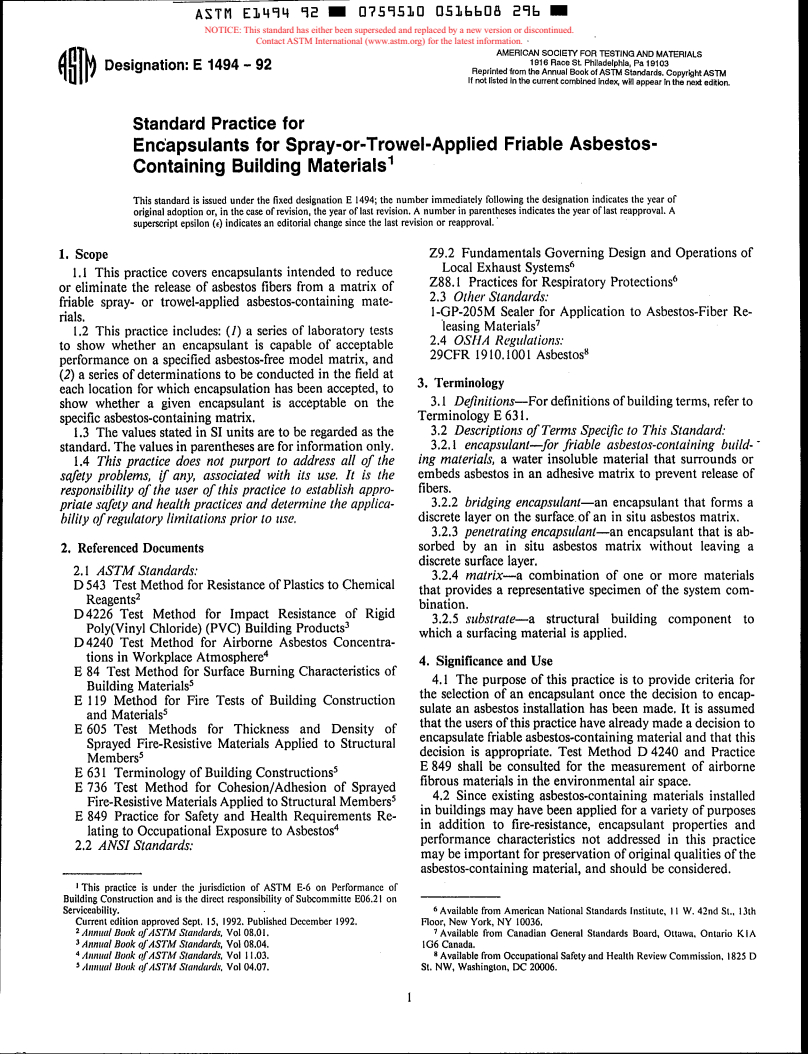 ASTM E1494-92 - Standard Practice for Encapsulants for Spray-or-Trowel-Applied Friable Asbestos-Containing Building Materials