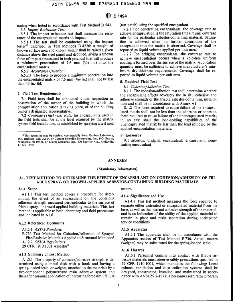 ASTM E1494-92 - Standard Practice for Encapsulants for Spray-or-Trowel-Applied Friable Asbestos-Containing Building Materials