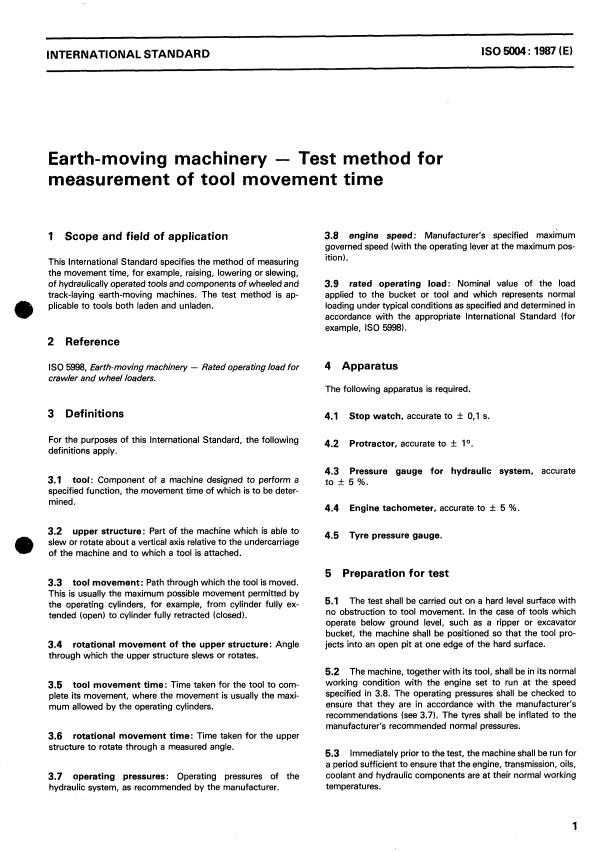 ISO 5004:1987 ISO 5004:1987 - Earth-moving machinery -- Test method for measurement of tool movement time - Page 3 preview