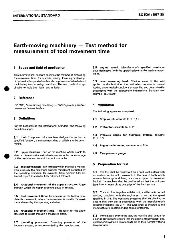ISO 5004:1987 - Earth-moving machinery -- Test method for measurement of tool movement time