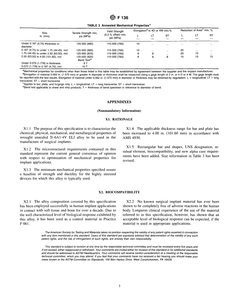 ASTM F136-98 - Standard Specification for Wrought Titanium-6 Aluminum-4 Vanadium ELI (Extra Low Interstitial) Alloy (UNS R56401) for Surgical Implant Applications