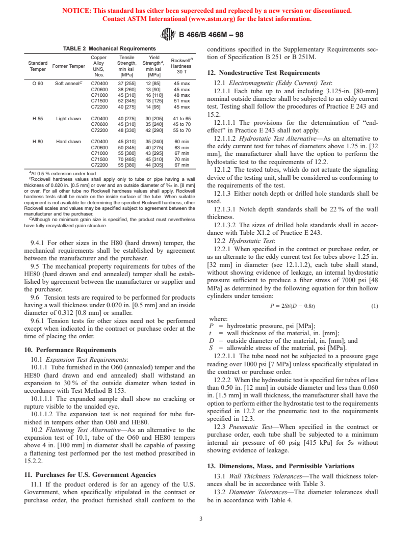 ASTM B466/B466M-98 - Standard Specification for Seamless Copper-Nickel Pipe and Tube