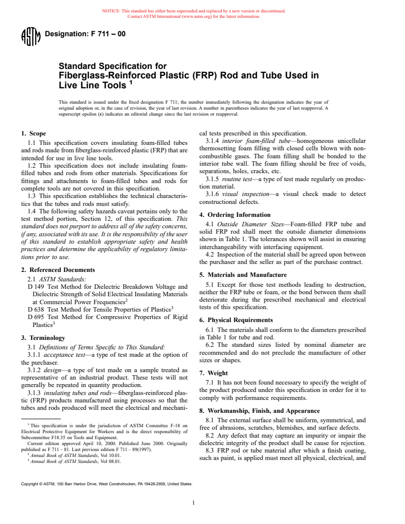 ASTM F711-00 - Standard Specification for Fiberglass-Reinforced Plastic (FRP) Rod and Tube Used in Live Line Tools
