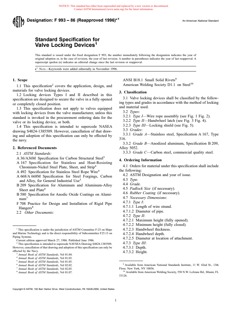 ASTM F993-86(1996)e1 - Standard Specification for Valve Locking Devices