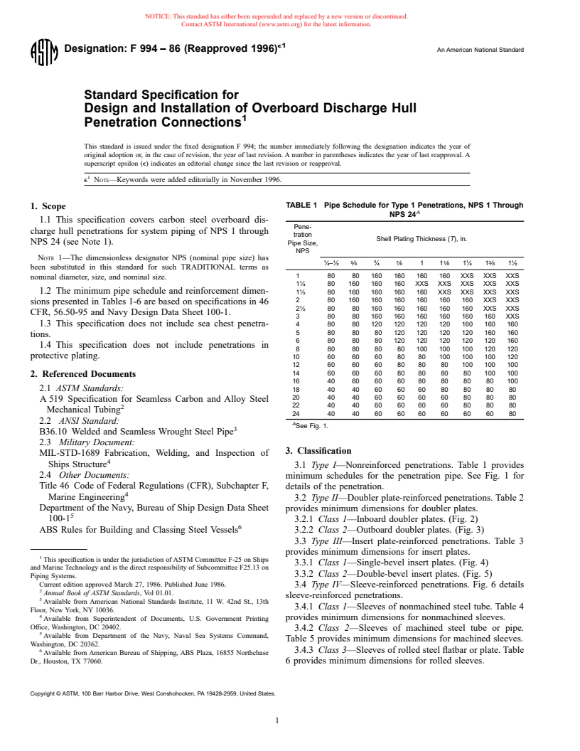 ASTM F994-86(1996)e1 - Standard Specification for Design and Installation of Overboard Discharge Hull Penetration Connections