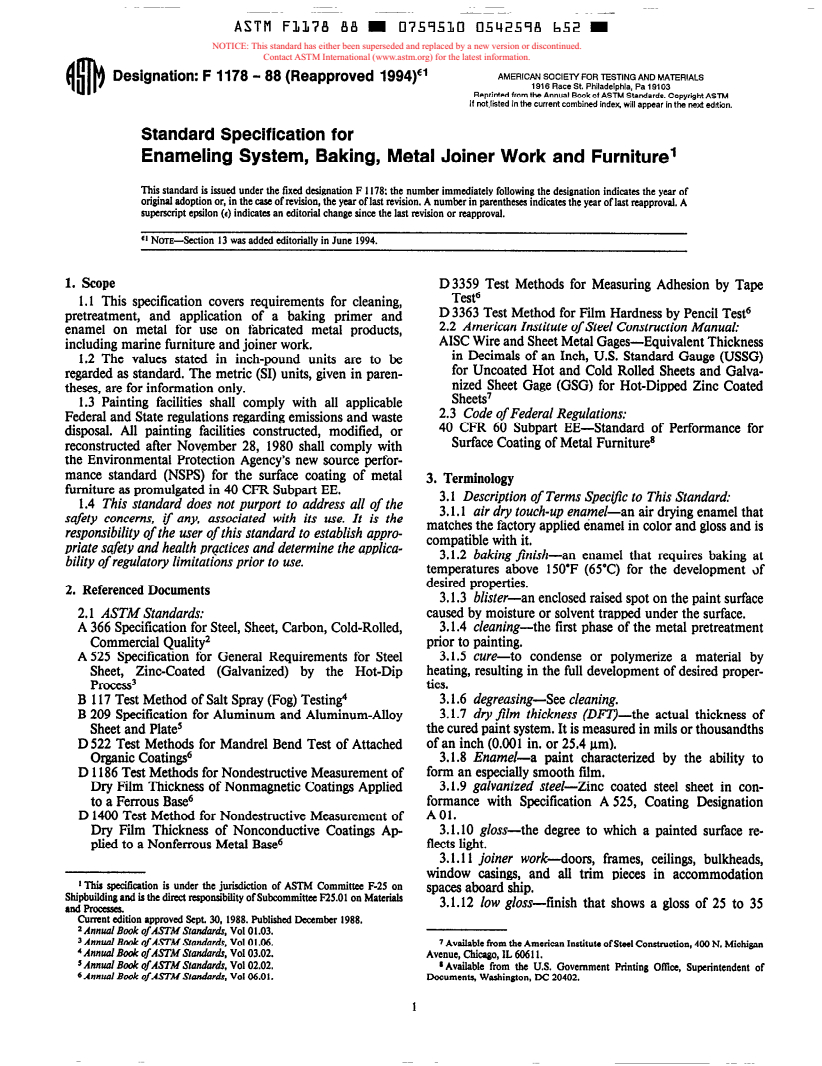 ASTM F1178-88(1994)e1 - Standard Specification for Enameling System, Baking, Metal Joiner Work and Furniture