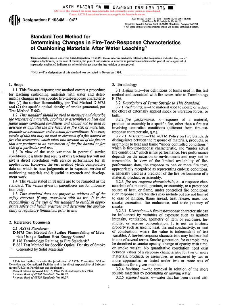 ASTM F1534-94e1 - Standard Test Method for Determining Changes in Fire-Test-Response Characteristics of Cushioning Materials After Water Leaching