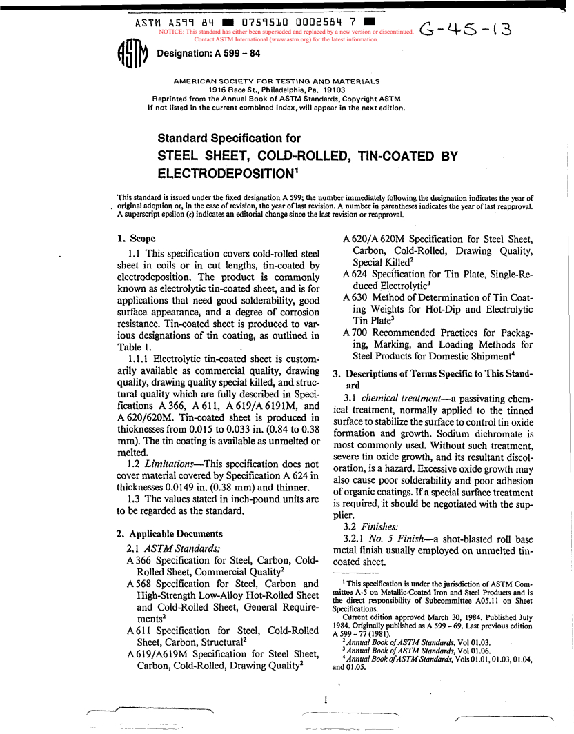 ASTM A599-84 - Specification for Steel Sheet, Cold-Rolled, Tin-Coated by Electrodeposition