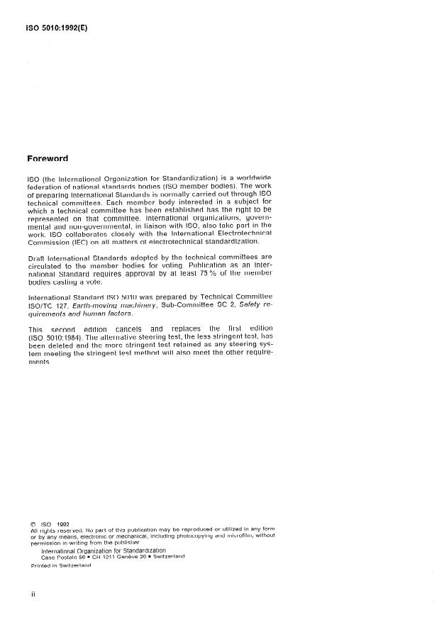 ISO 5010:1992 ISO 5010:1992 - Earth-moving machinery -- Rubber-tyred machines -- Steering requirements - Page 2 preview