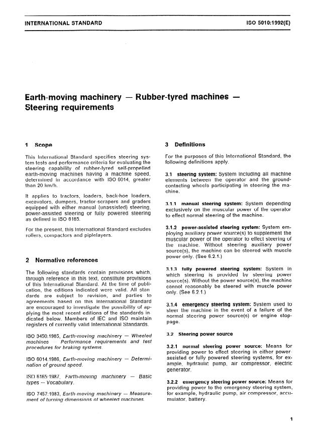 ISO 5010:1992 - Earth-moving machinery -- Rubber-tyred machines -- Steering requirements