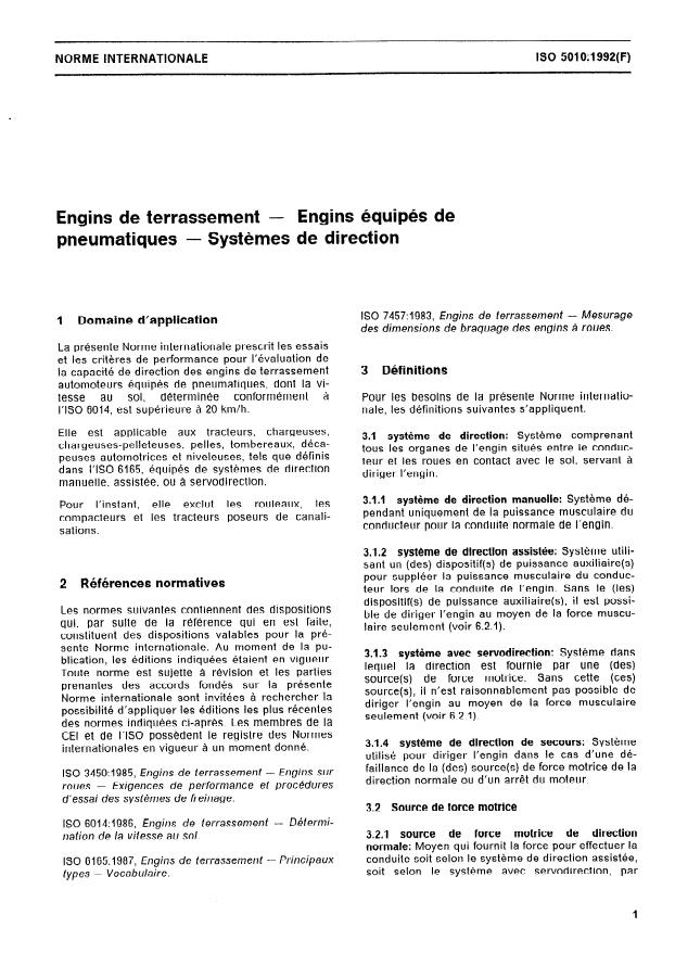 ISO 5010:1992 - Engins de terrassement -- Engins équipés de pneumatiques -- Systemes de direction