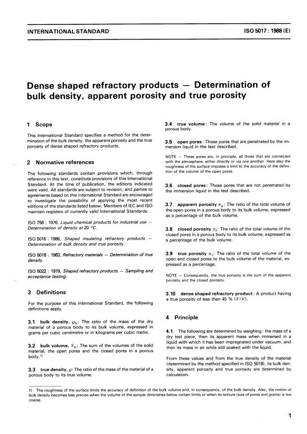 ISO 5017:1988 - Dense shaped refractory products -- Determination of bulk density, apparent porosity and true porosity
