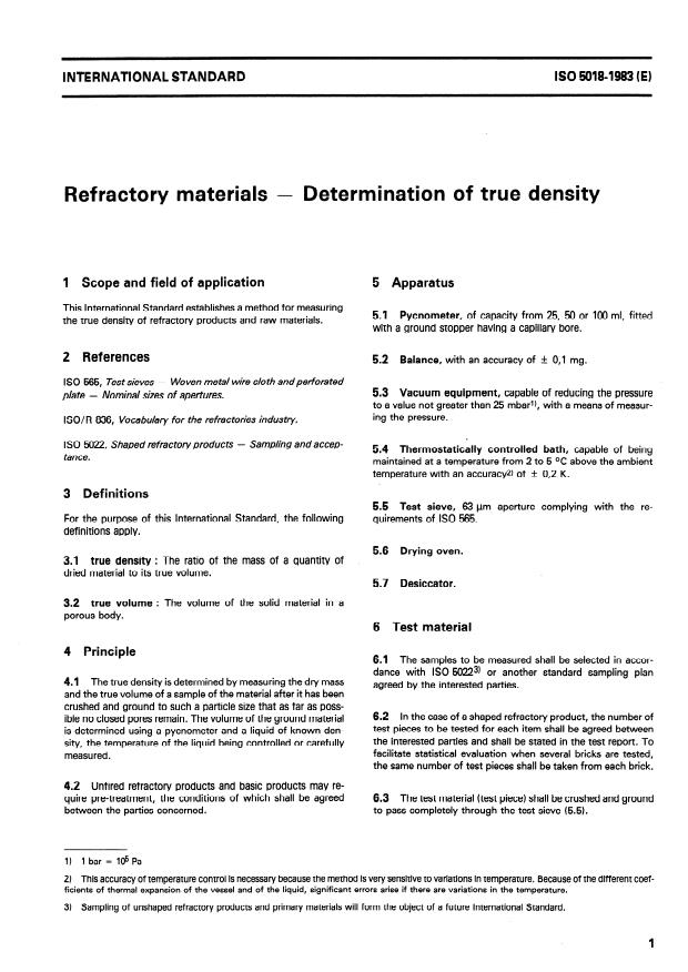 ISO 5018:1983 - Refractory materials -- Determination of true density