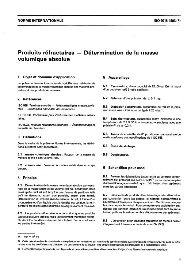 ISO 5018:1983 - Produits réfractaires -- Détermination de la masse volumique absolue