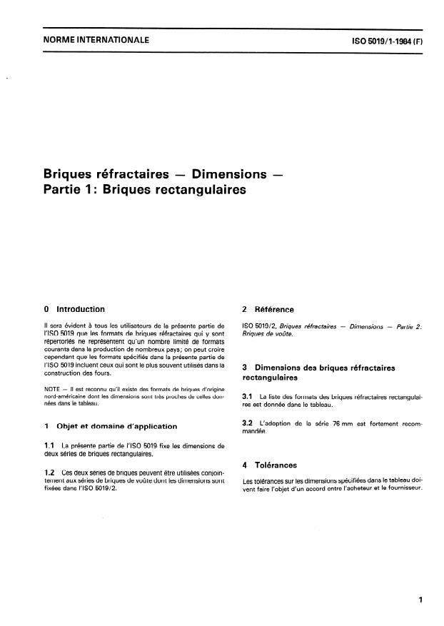 ISO 5019-1:1984 - Briques réfractaires -- Dimensions