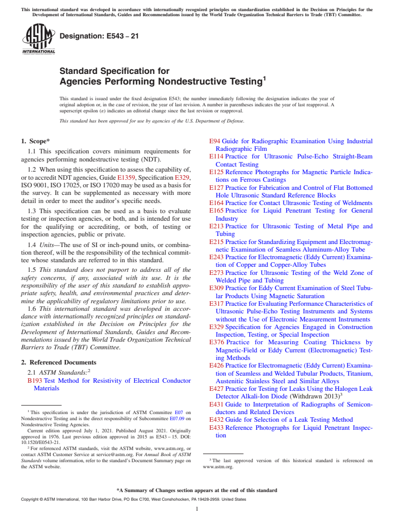 ASTM E543-21 - Standard Specification for  Agencies Performing Nondestructive Testing